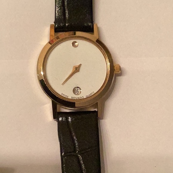 Movado Gold and Black Leather Watch Vintage Needs Battery